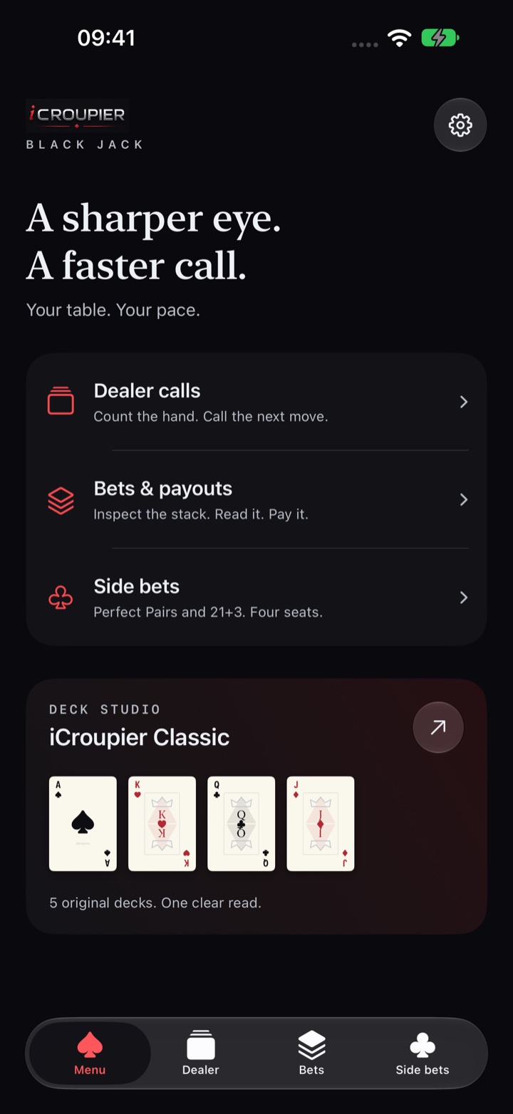 The branded Black Jack menu with three practice modes and Deck studio.
