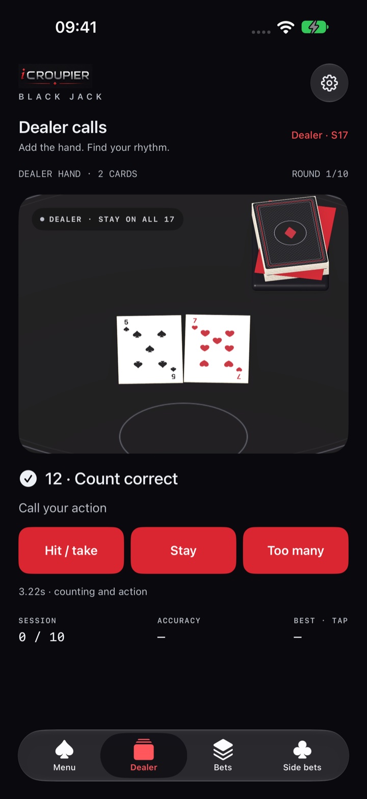 Black Jack dealer practice: a hand of five and seven is correctly counted as twelve, ready for Hit, Stay or Too many.