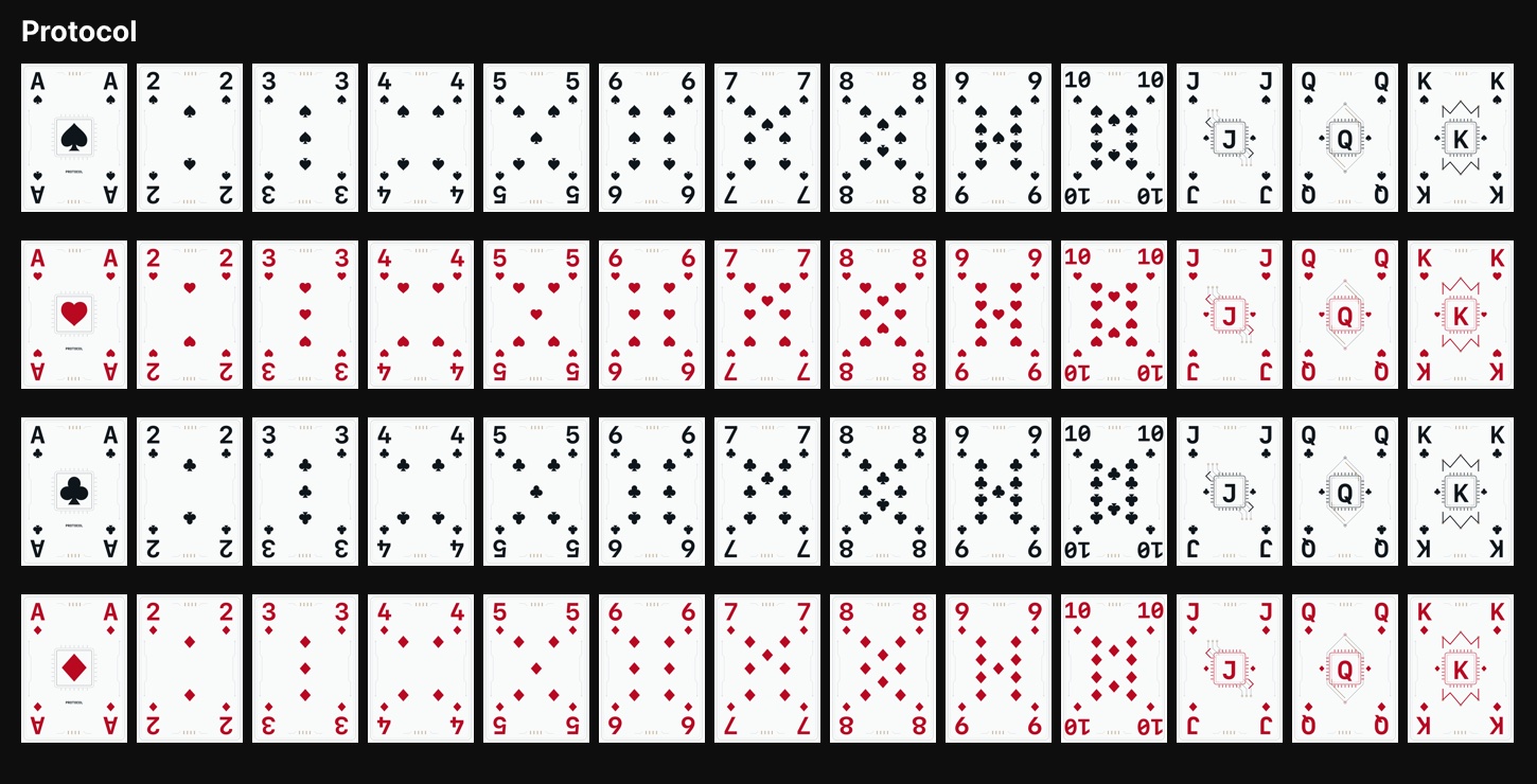 All 52 Protocol cards, with porcelain faces, large monospaced indices and circuit-board details.